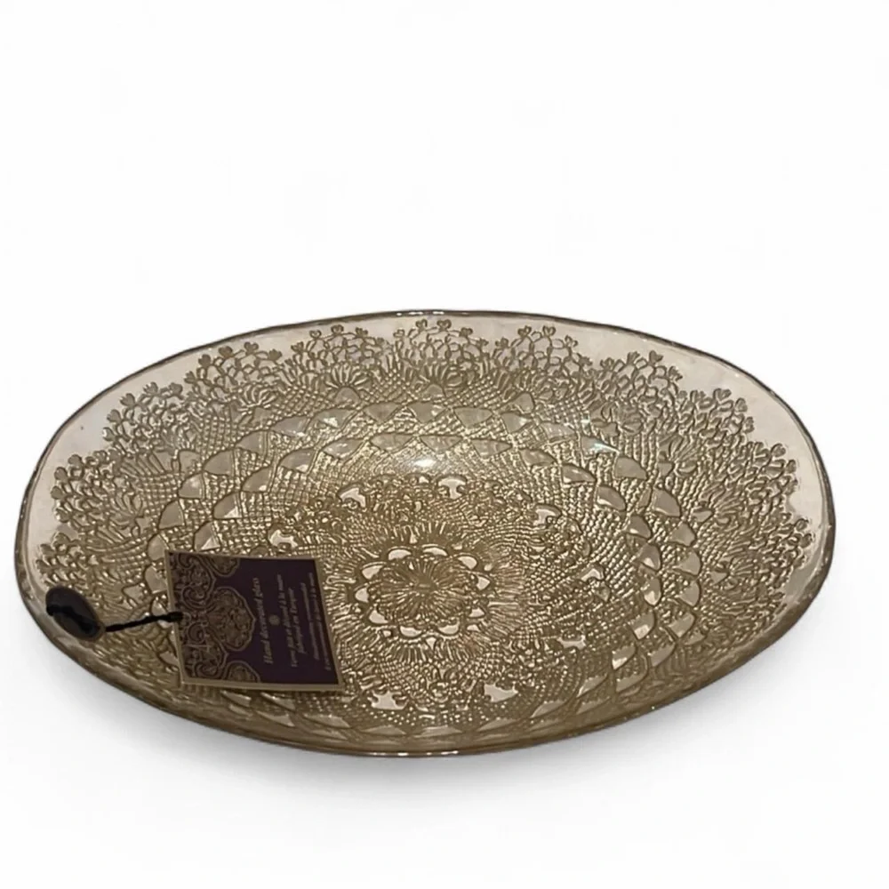 Artistic Accents Turkish Gold Lace Glass Oval Serving Bowl NWT